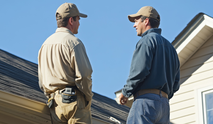 Two Invictus roofing contractors on a residential roof discussing roof inspection, roof repair, and roof replacement services.