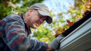 Homeowner clearing leaves from a gutter during a spring roof inspection to help prevent roof damage and roof leaks