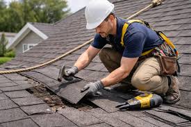 Roofing contractor performing shingle roof repair on an asphalt roof in Forsyth, GA for storm damage and missing shingles