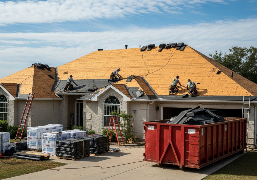Roofing crew repairing an asphalt shingle roof on a home in Thompson’s Station, Tennessee.